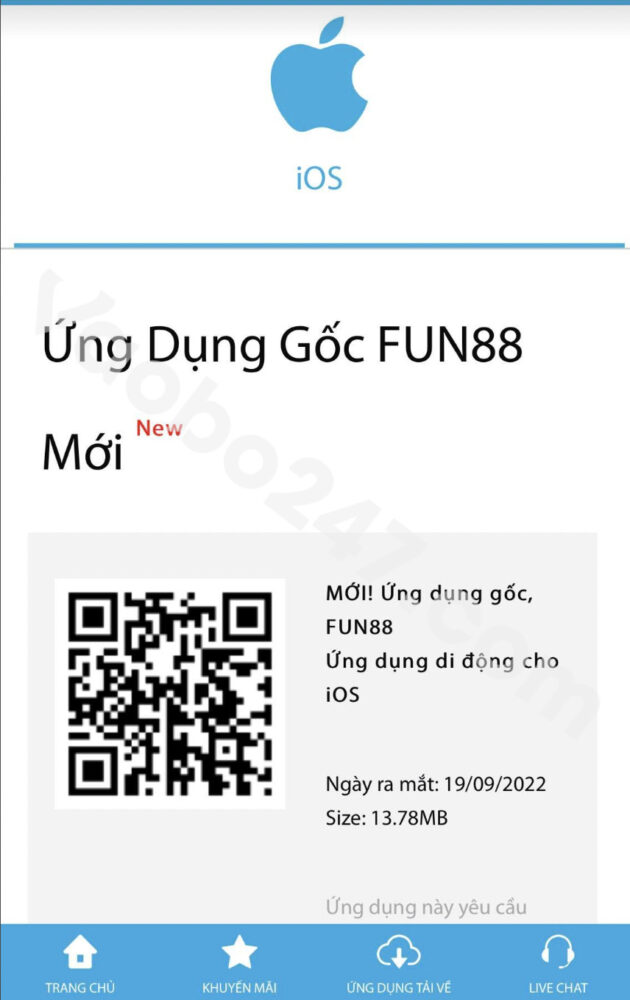 Giao diện mã Qr tải ứng dụng Fun88 