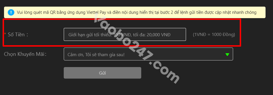 Nhập số tiền nạp vào tài khoản thông qua ví điện tử Viettel Pay 