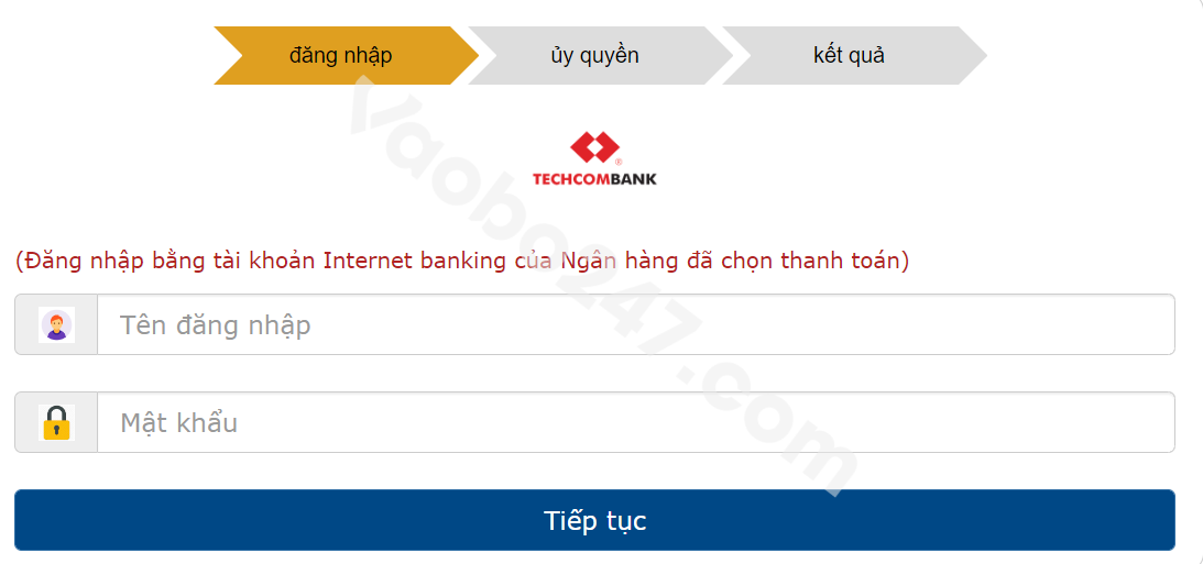 Đăng nhập tài khoản internet banking để nạp tiền Mig8