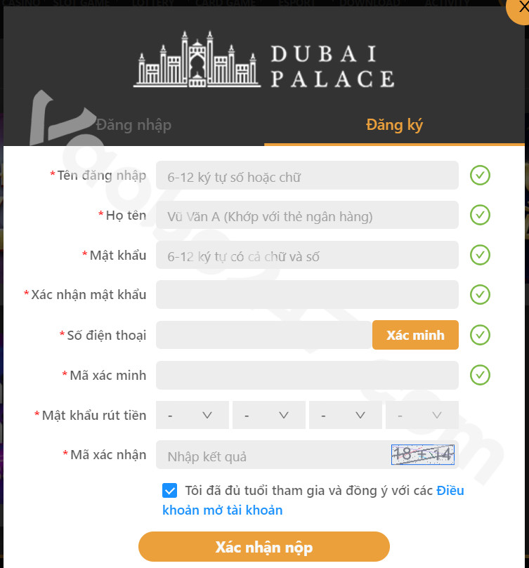 Form điền thông tin đăng ký tài khoản thành viên Dubai Palace