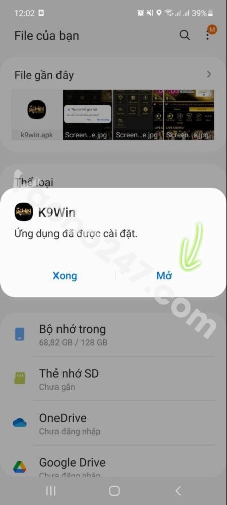 Mở app K9win trên điện thoại