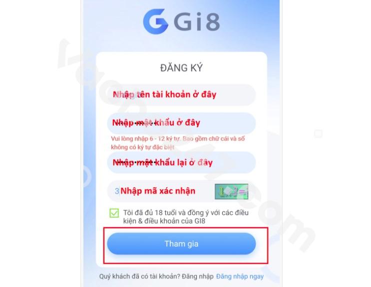 Nhấn vào “Tham gia” để hoàn tất quá trình đăng ký tài khoản GI8 trên điện thoại