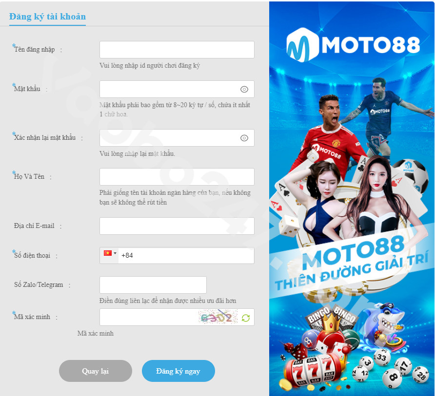 Những thông tin mà người chơi cần điền để đăng ký Moto88