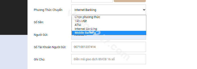 Phương thức nạp tiền bằng hình thức Mobile banking